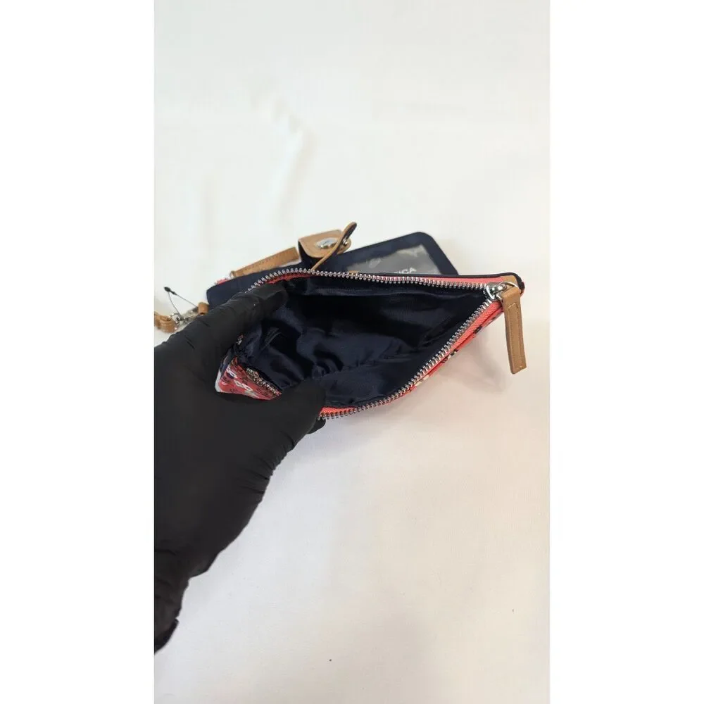 Nautica double zip wristlet nylon pleated orange red floral tan trim silver NWT